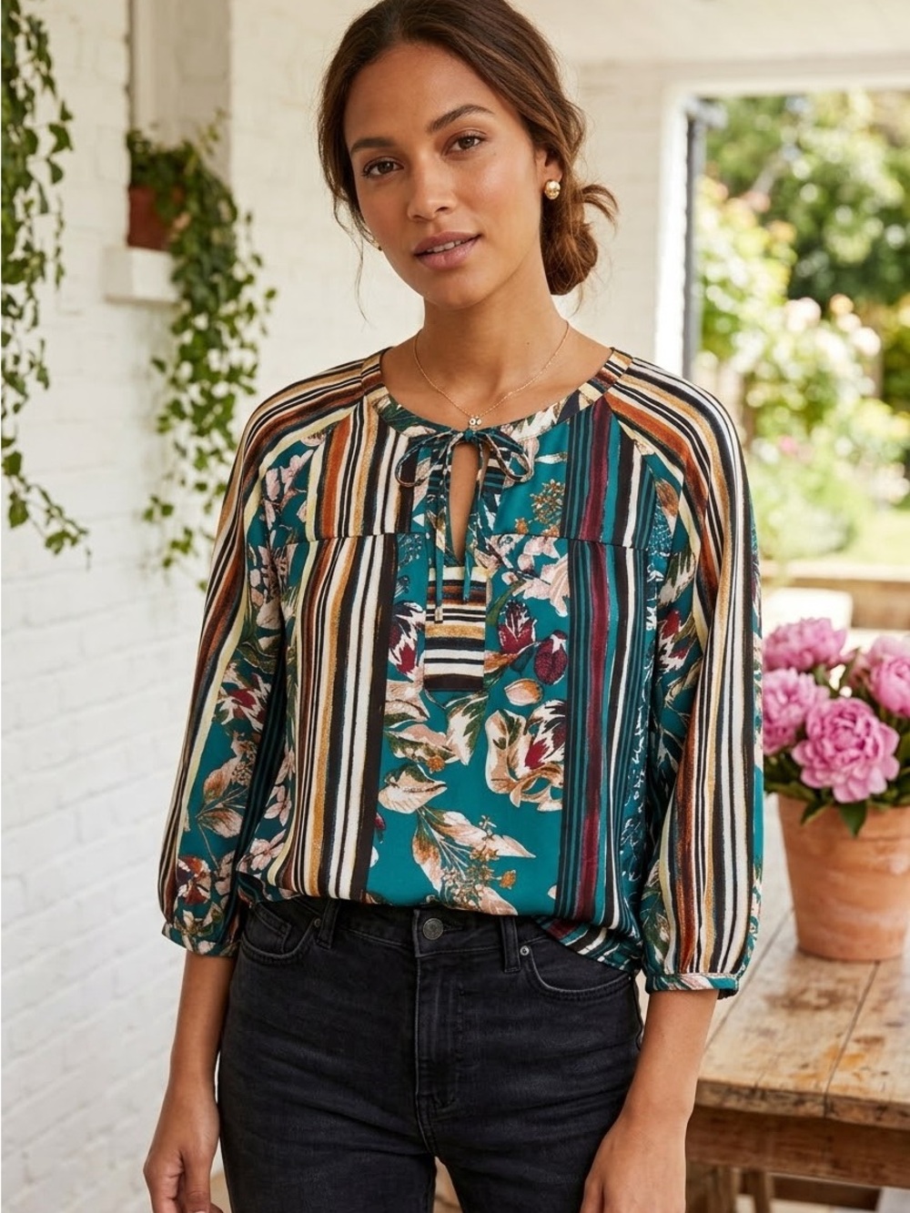 Figueroa & Flower Teal Multi Floral 3/4 Sleeve Top Large